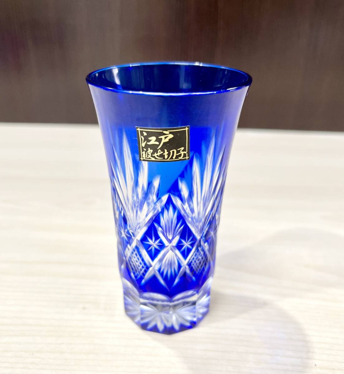 蘇さ(KuY1151) 和食器 江戸切子 冷酒 冷茶 グラス ブルー ぐいみ 中古品 80サイズの画像3