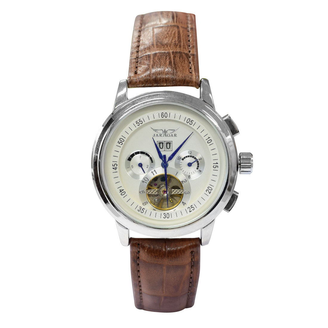 自動巻き腕時計 メンズ腕時計 マルチカレンダー トリプルカレンダー デイデイト 日付表示 レザーベルト 男性用 シルバーホワイトの画像1