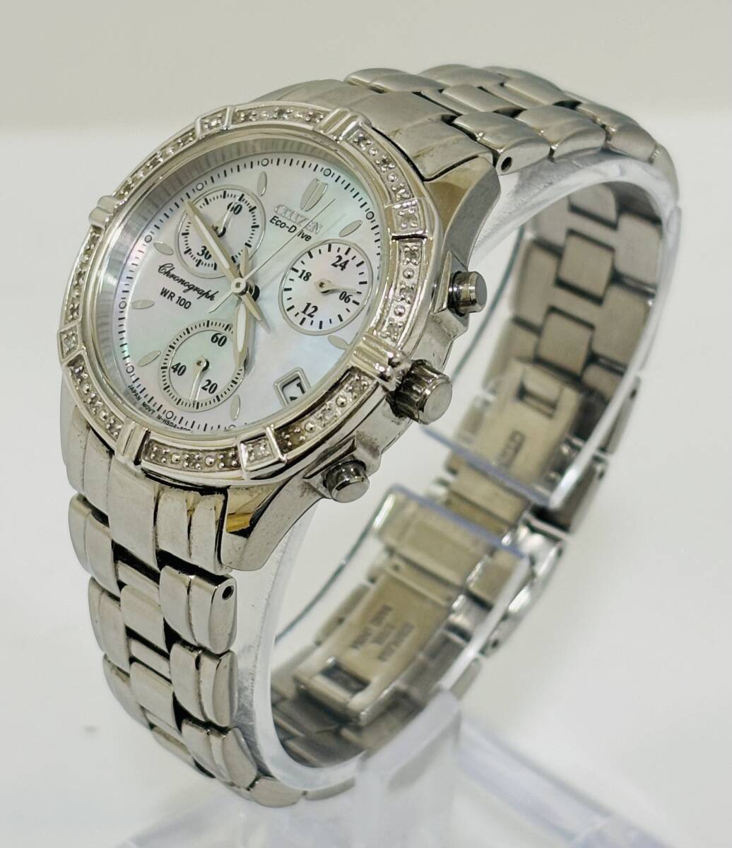 AH1507 CITIZEN シチズン Eco-Drive エコドライブ 電波ソーラー H504-S863451 ダイヤベゼル クロノグラフ デイト シェル文字盤 腕時計 の画像2