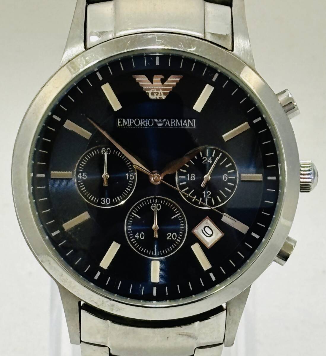 AH1172 エンポリオアルマーニ AR-2448 青文字盤 デイト クロノグラフ QZ ネイビー クオーツ メンズ 腕時計 EMPORIO ARMANI 不動品の画像5
