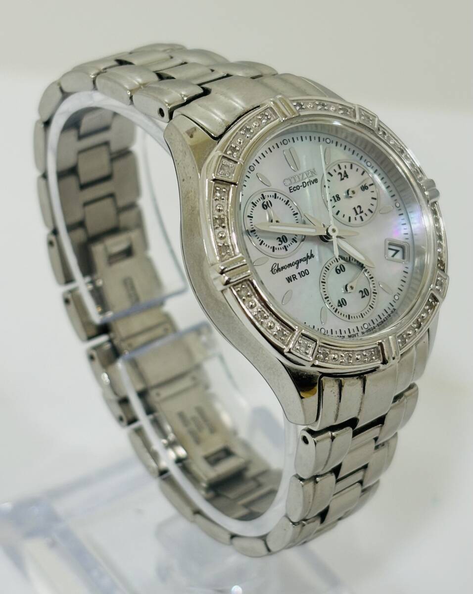 AH1507 CITIZEN シチズン Eco-Drive エコドライブ 電波ソーラー H504-S863451 ダイヤベゼル クロノグラフ デイト シェル文字盤 腕時計 の画像1