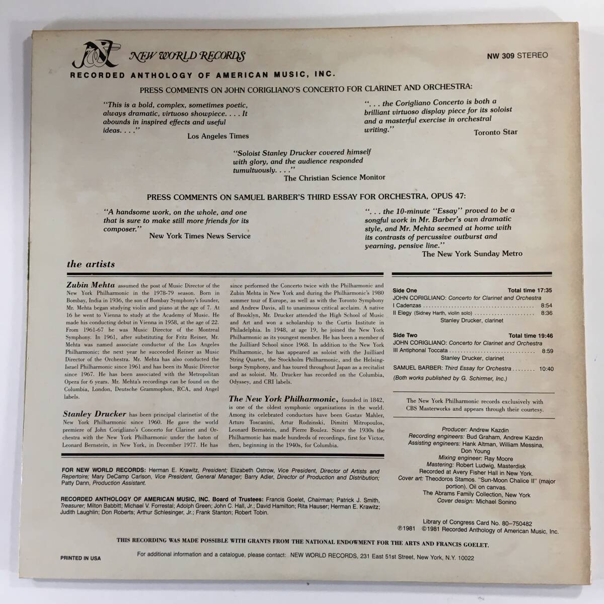 長岡鉄男 外盤A級セレクション NO.164 ジョン・コリグリアーノ クラリネット協奏曲『メータのレコードでこういう３次元的音場はないの画像2