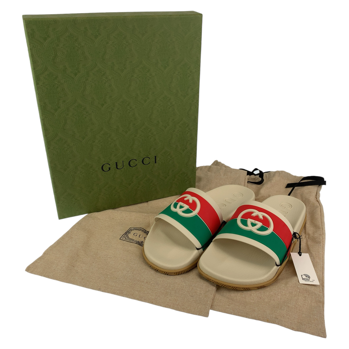 新品未使用 GUCCI グッチ インターロッキングG スライドサンダル ホワイト 白 マルチカラー ビニール サンダル メンズ 405480 新品の画像9