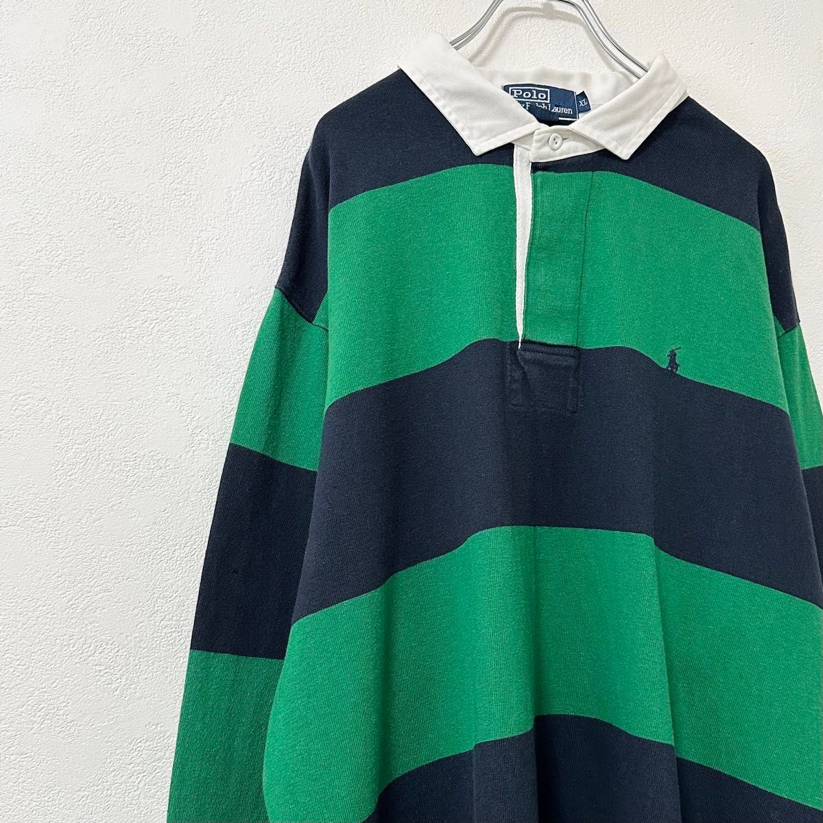 90s★Polo Ralph Lauren/ポロ ラルフローレン★ラガーシャツ★ボーダー★グリーン×ネイビー×ホワイト/緑紺★XL