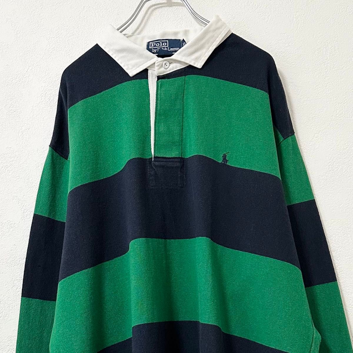 90s★Polo Ralph Lauren/ポロ ラルフローレン★ラガーシャツ★ボーダー★グリーン×ネイビー×ホワイト/緑紺★XL