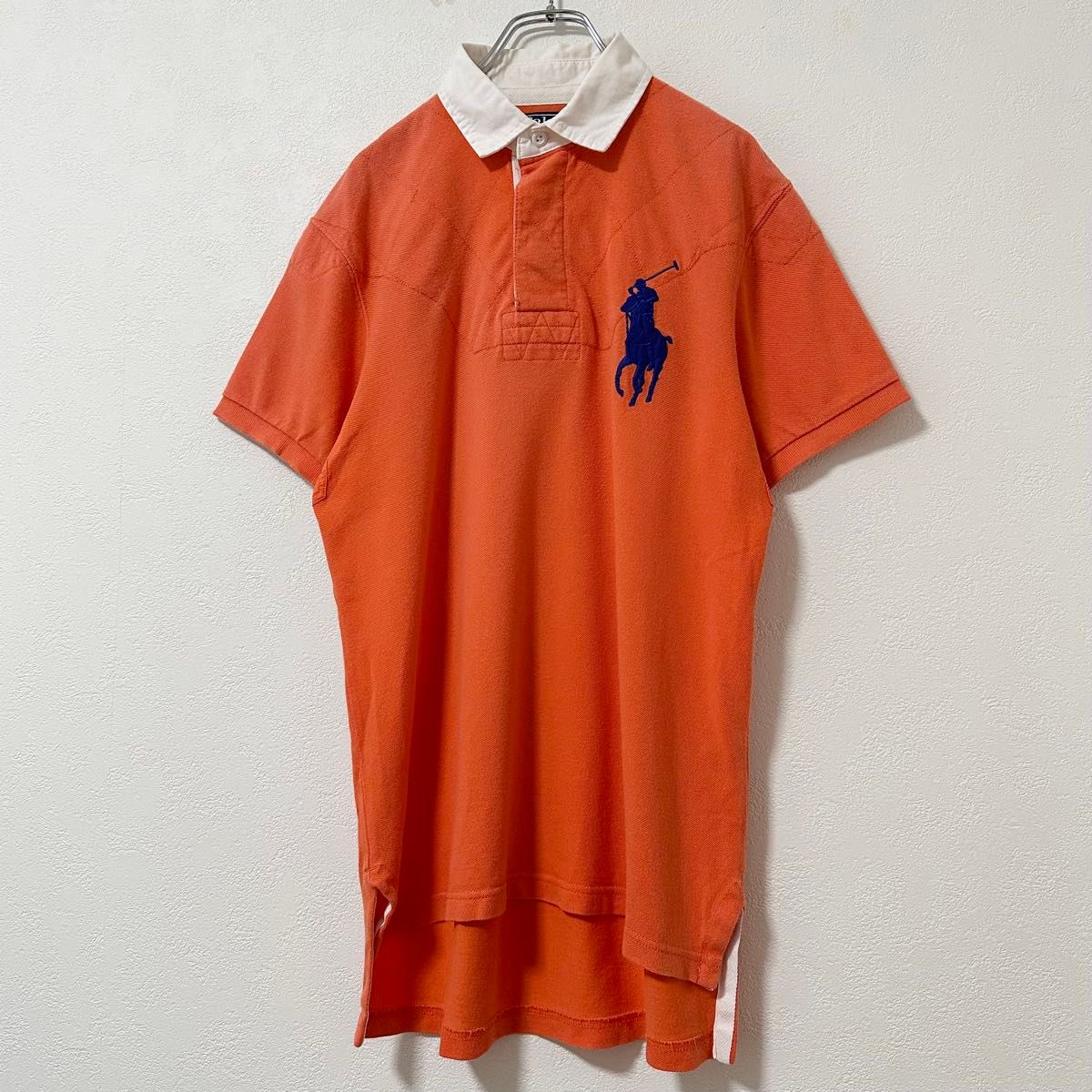 90s★Polo RalphLauren/ポロ ラルフローレン★ポロシャツ/ラガーシャツ★ビッグポニー★オレンジ×白×紺/青★M