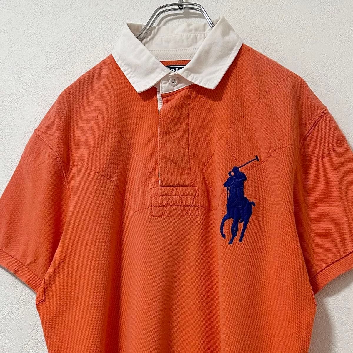 90s★Polo RalphLauren/ポロ ラルフローレン★ポロシャツ/ラガーシャツ★ビッグポニー★オレンジ×白×紺/青★M