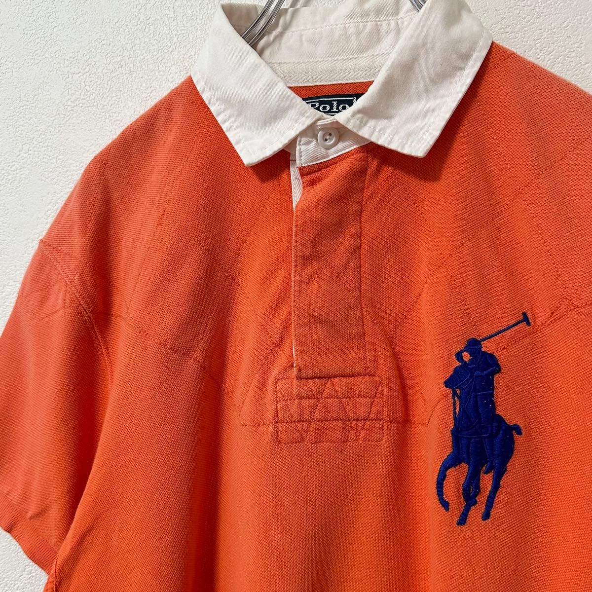 90s★Polo RalphLauren/ポロ ラルフローレン★ポロシャツ/ラガーシャツ★ビッグポニー★オレンジ×白×紺/青★M