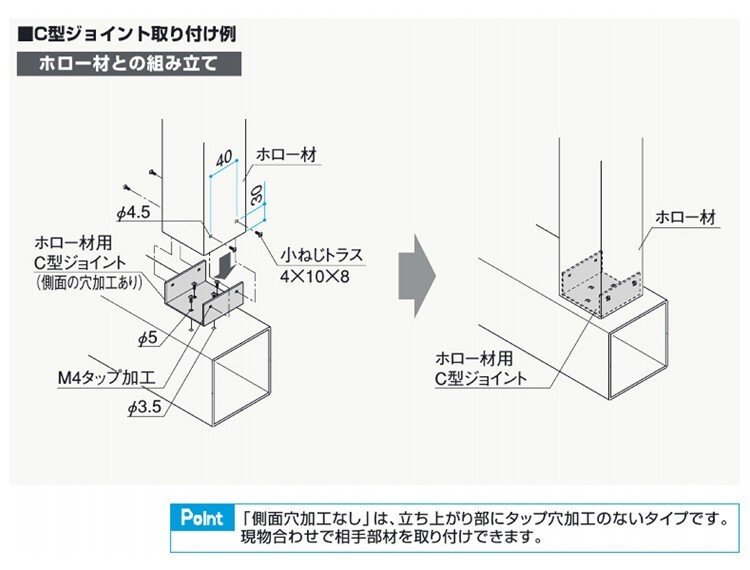 ホロー材用C型ジョイント アルミ DIY 材料 汎用材 部品 アルミ形材 100角用 KB-CJ-100 2個入 三協アルミ アルファプロ α-Pro 側面穴加工有_画像3