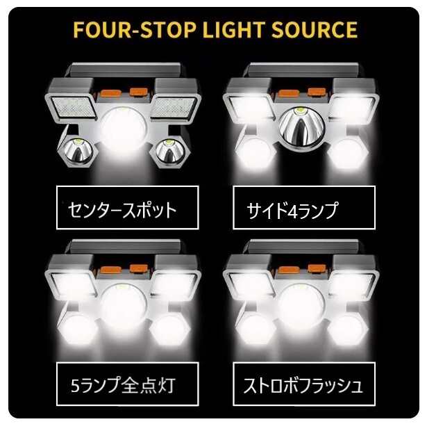 LED ヘッドライト 強力 防水 5ランプ 角度調整 USB充電 XPEスポット4灯5灯切替 懐中電灯 アウトドア レジャー ナイトキャンプ ハンティングの画像3