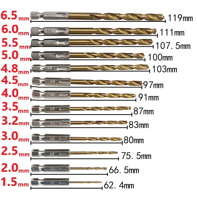 ドリルビット 六角軸 チタンコーティング 木工 鉄鋼 DIY プロ 穴あけ工具 キリ刃 電動 充電 インパクト ドライバー HSS ハイス 13本1.5-6.5_画像2