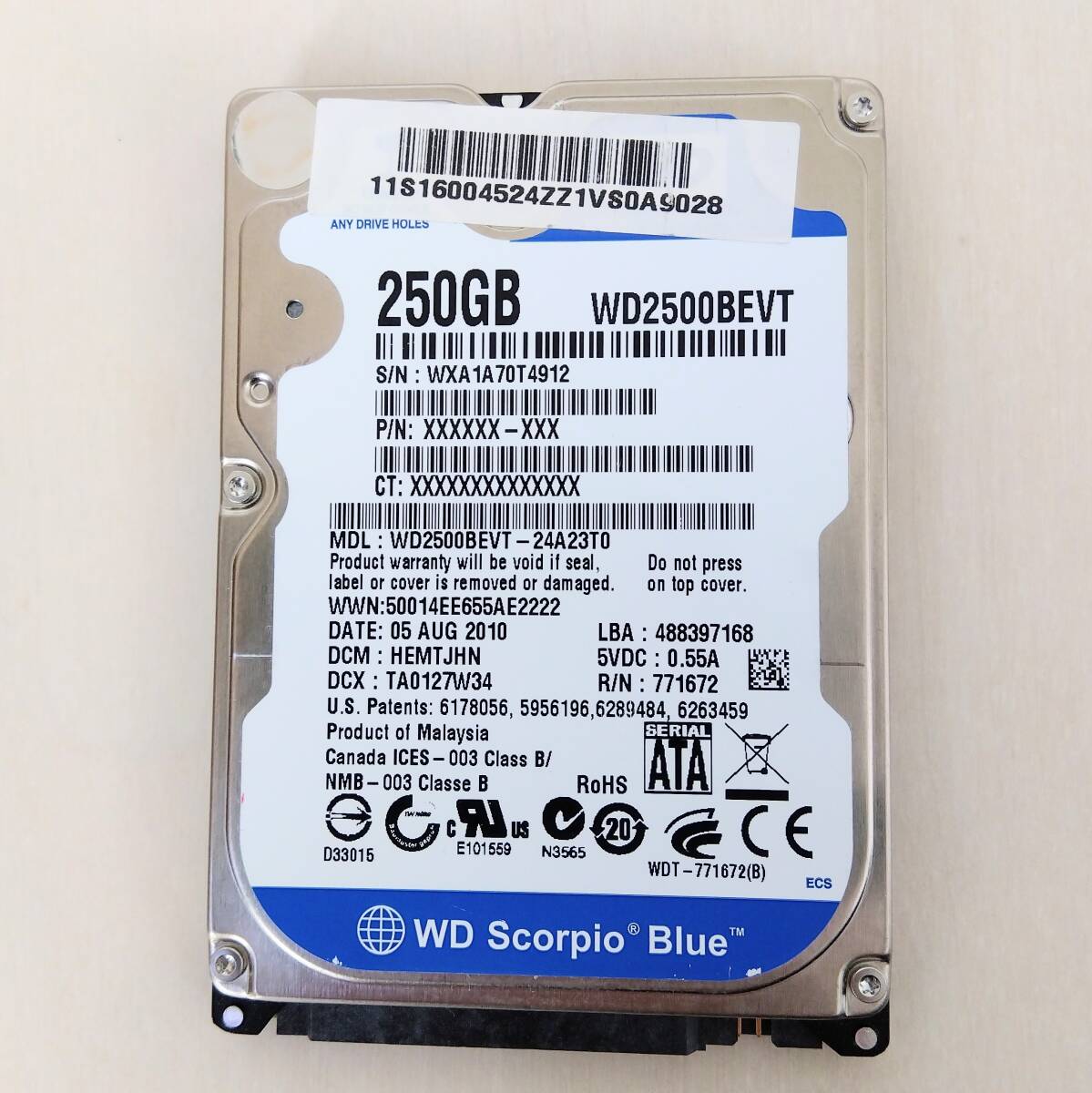 【68】250GB HDD SATA 2.5インチ WD WD2500BEVT ハードディスクドライブ_画像1