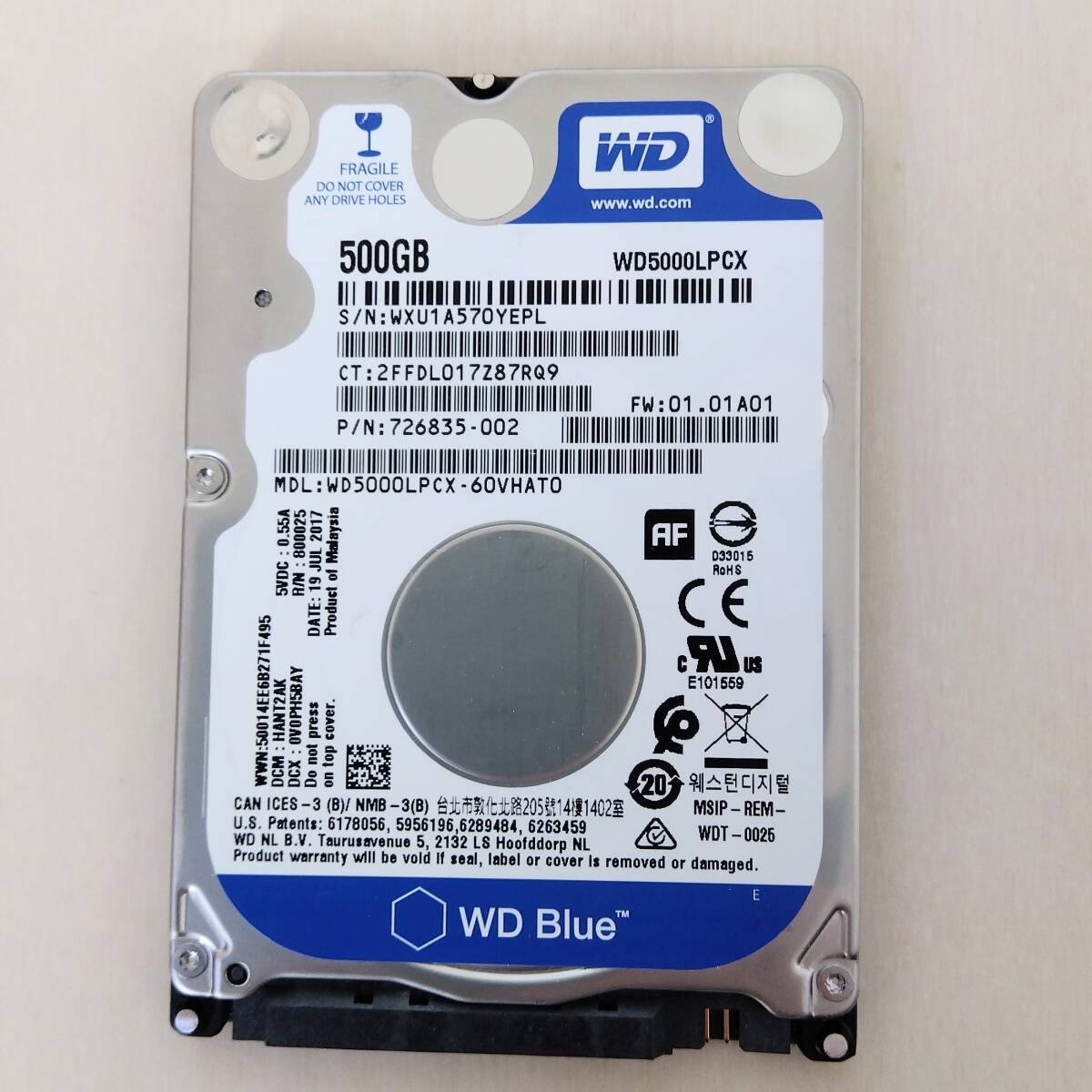 【67】500GB HDD SATA 2.5インチ WD WD5000LPCX ハードディスクドライブ_画像1