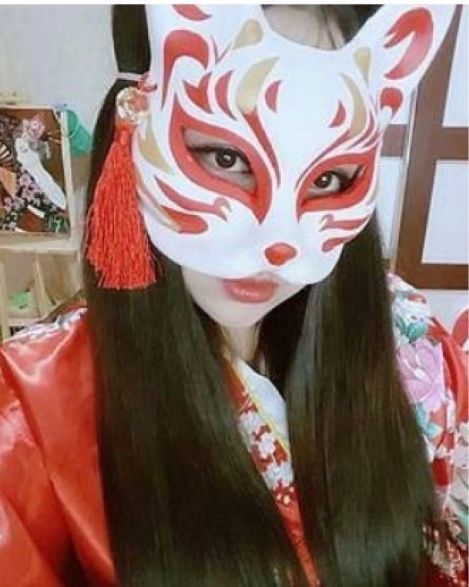 青【キツネ お面 狐】花鳥風月 ハロウィン 祭り 舞踏会 仮面 コスプレ 和風 浴衣 花火 夏 マスク 桜 彼岸花