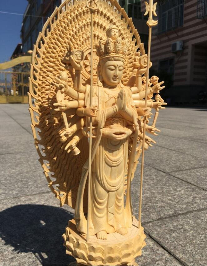 上品/綺麗 仏教美術 精密彫刻 仏像 手彫り 八角台座 桧木製 千手観音菩薩 高さ約43ｃｍの画像6