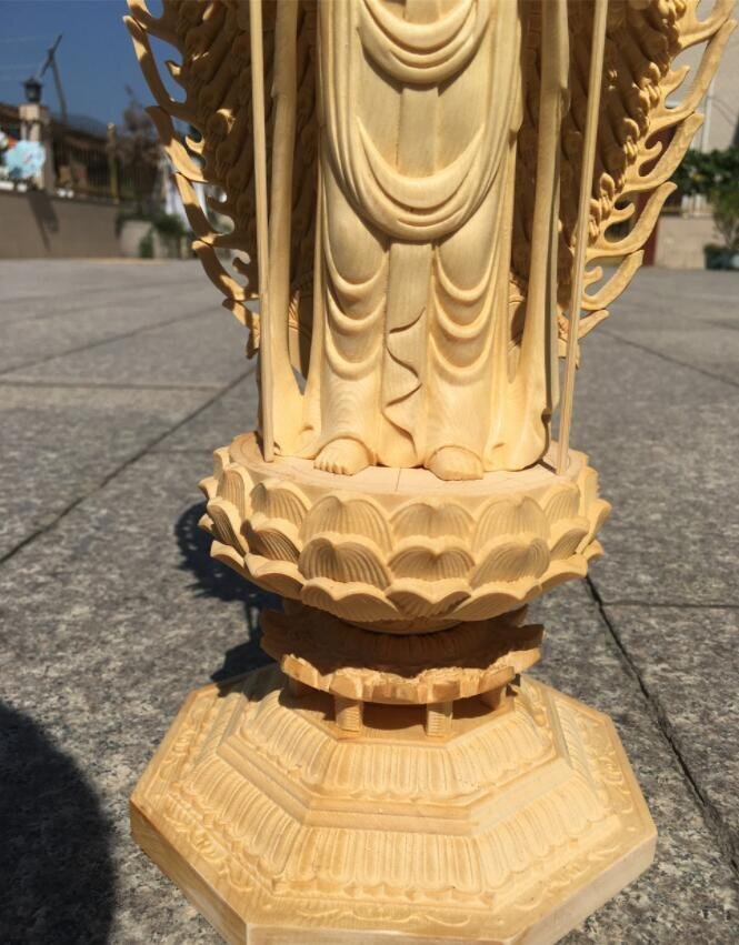 上品/綺麗 仏教美術 精密彫刻 仏像 手彫り 八角台座 桧木製 千手観音菩薩 高さ約43ｃｍの画像5