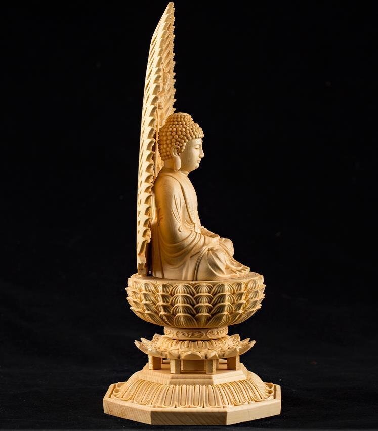 極上品★総檜材 仏教工芸品 木彫仏教 精密彫刻　阿弥陀如来座像 高さ28cm