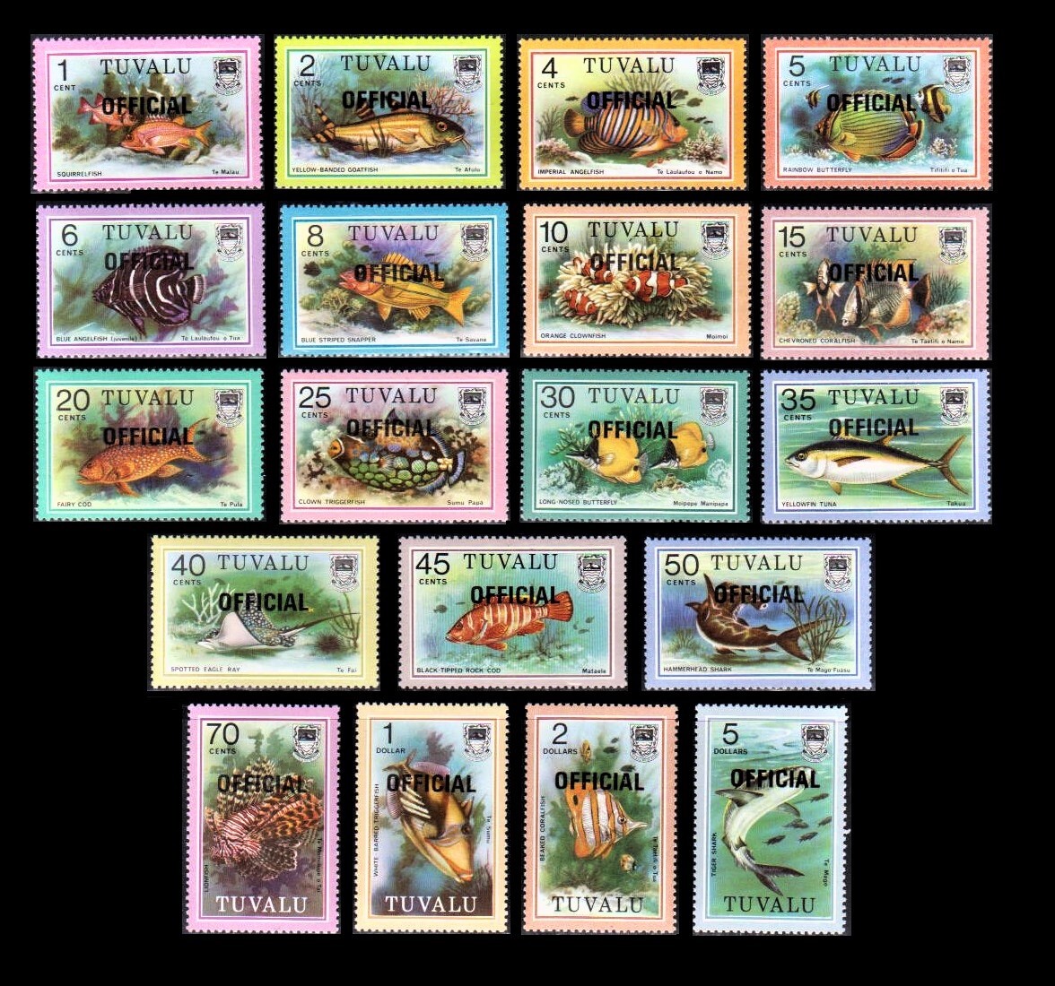 cκ248ｙ4-3T2 ツバル1981年 一番公用切手・魚・加刷・19枚完 の画像1