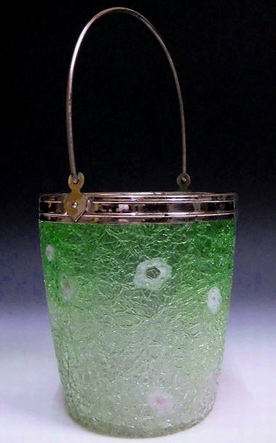 緑暈し花象嵌入りひび焼アイスペール /氷コップ あめや瓶 砂糖壷の画像2