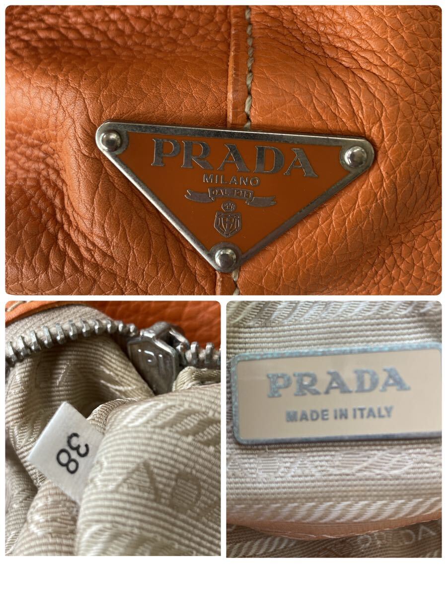 激レア！極美品●PRADA プラダ オールレザー 三角ロゴ メンズ トートバッグ ビジネスバッグ A4肩掛け可 ハンド ショルダー オレンジ 大容量