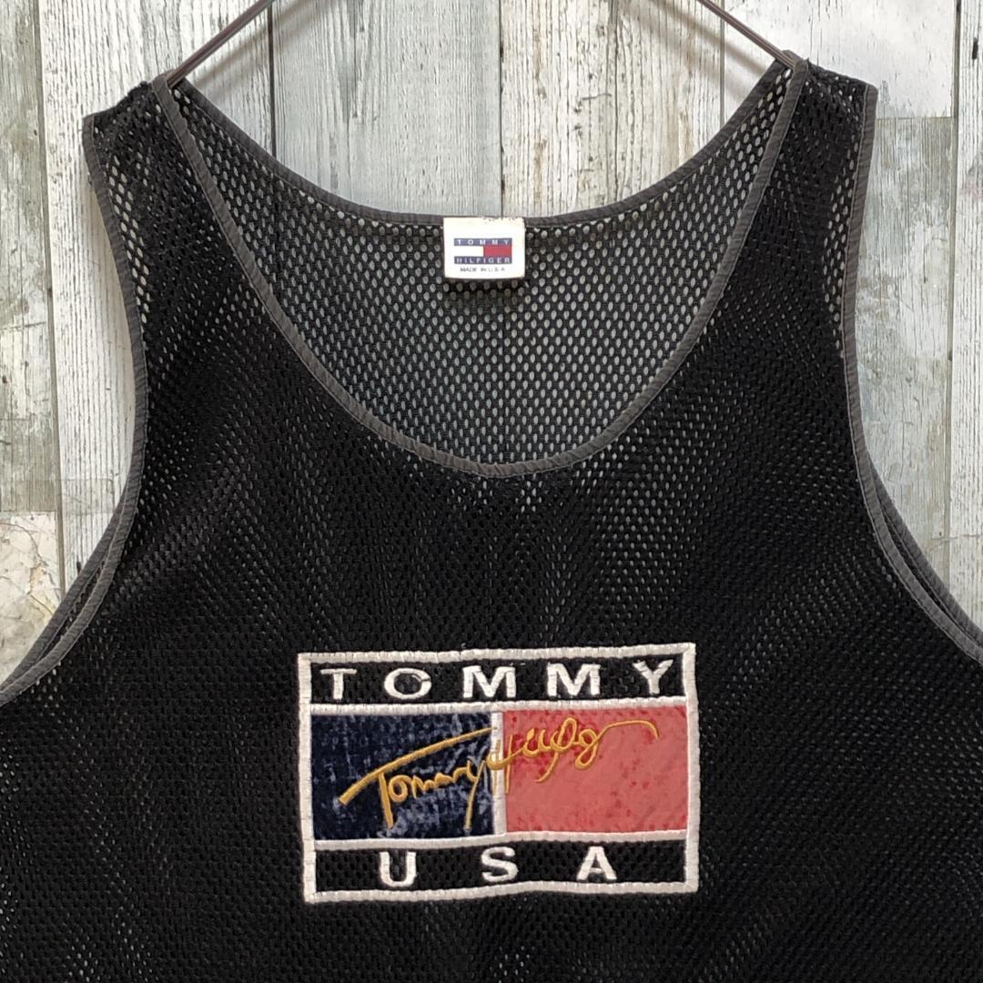 【USA製】Tommy Hilfigerトミー ヒルフィガー 刺繍ロゴ ビッグロゴ 黒 メッシュ タンクトップ バスケシャツ ゲームシャツ 2XL相当_画像7