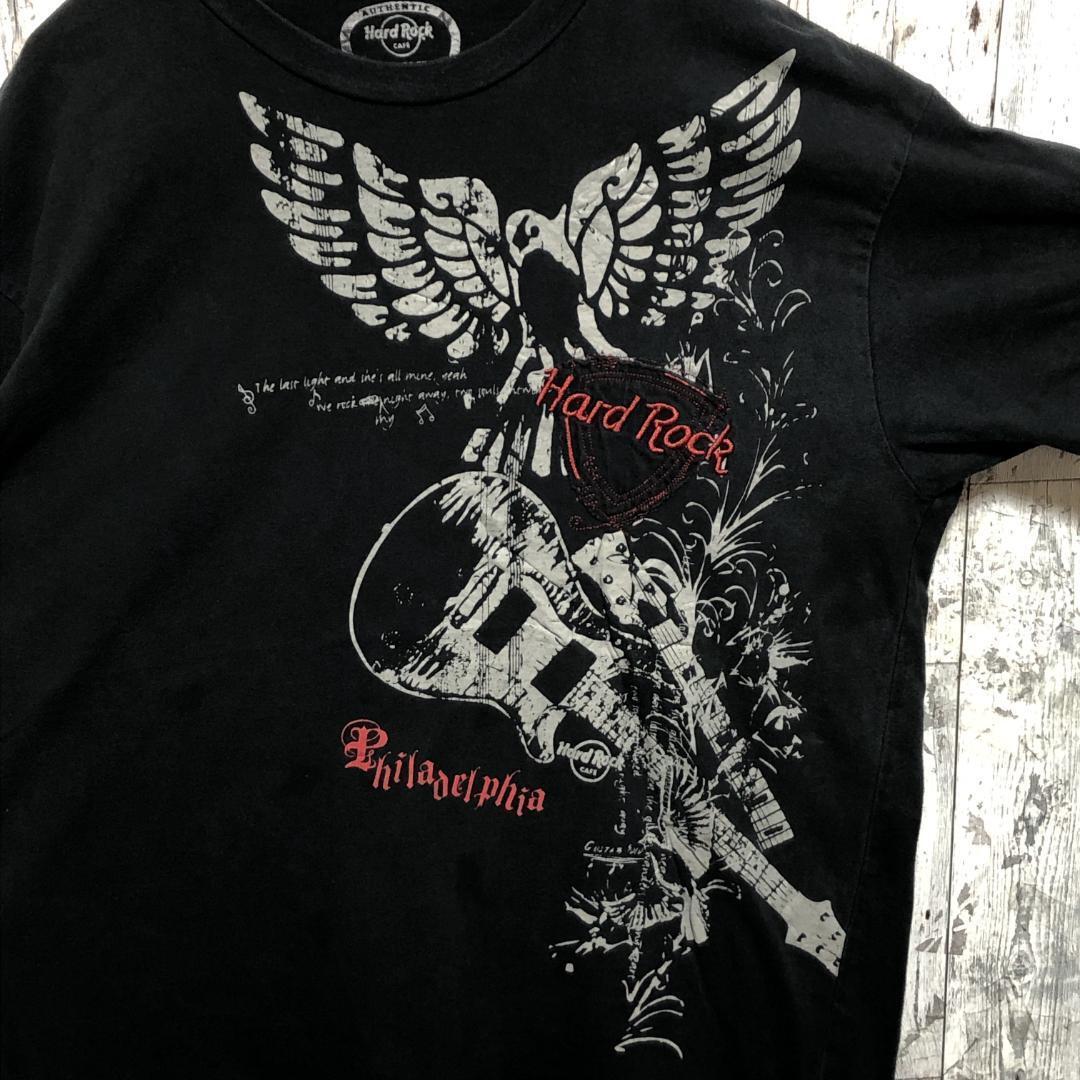Hard Rock Cafe ハードロックカフェ ギター イーグル ビッグプリント 刺繍 黒 XL Tシャツ 90s_画像5