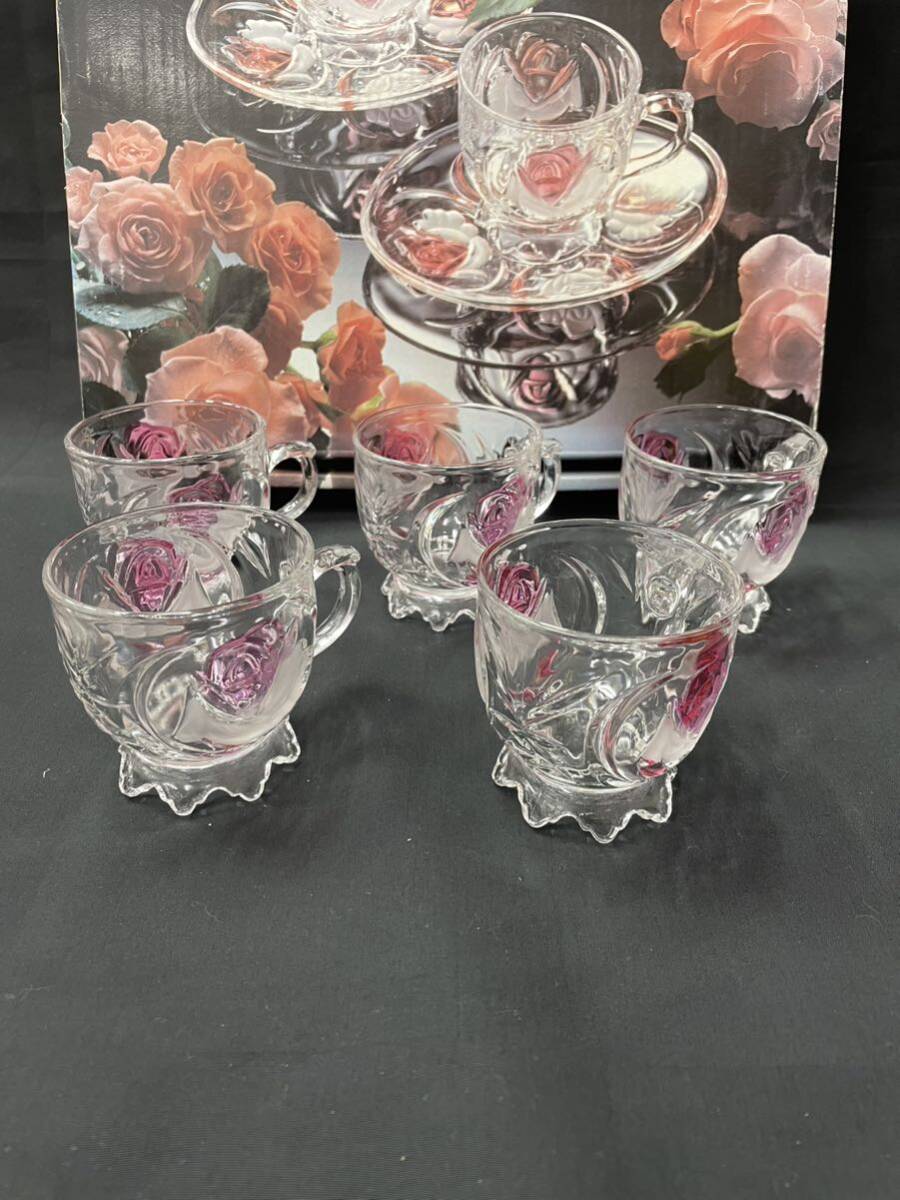 SOGA JAPAN 曽我ガラス カップ＆ソーサー5客セット ICE ROSE 外箱付 硝子製 コップ 皿 グラス の画像6