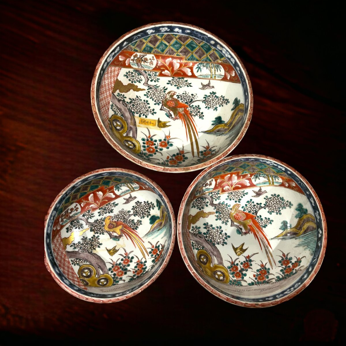 fbrl-F012mS 古伊万里 色絵 紫陽花に蝶の図 松皮菱形変形皿 5客 fbrl-F012mS 古伊万里 色絵 紫陽花に蝶の図 松皮菱形変形皿 5客