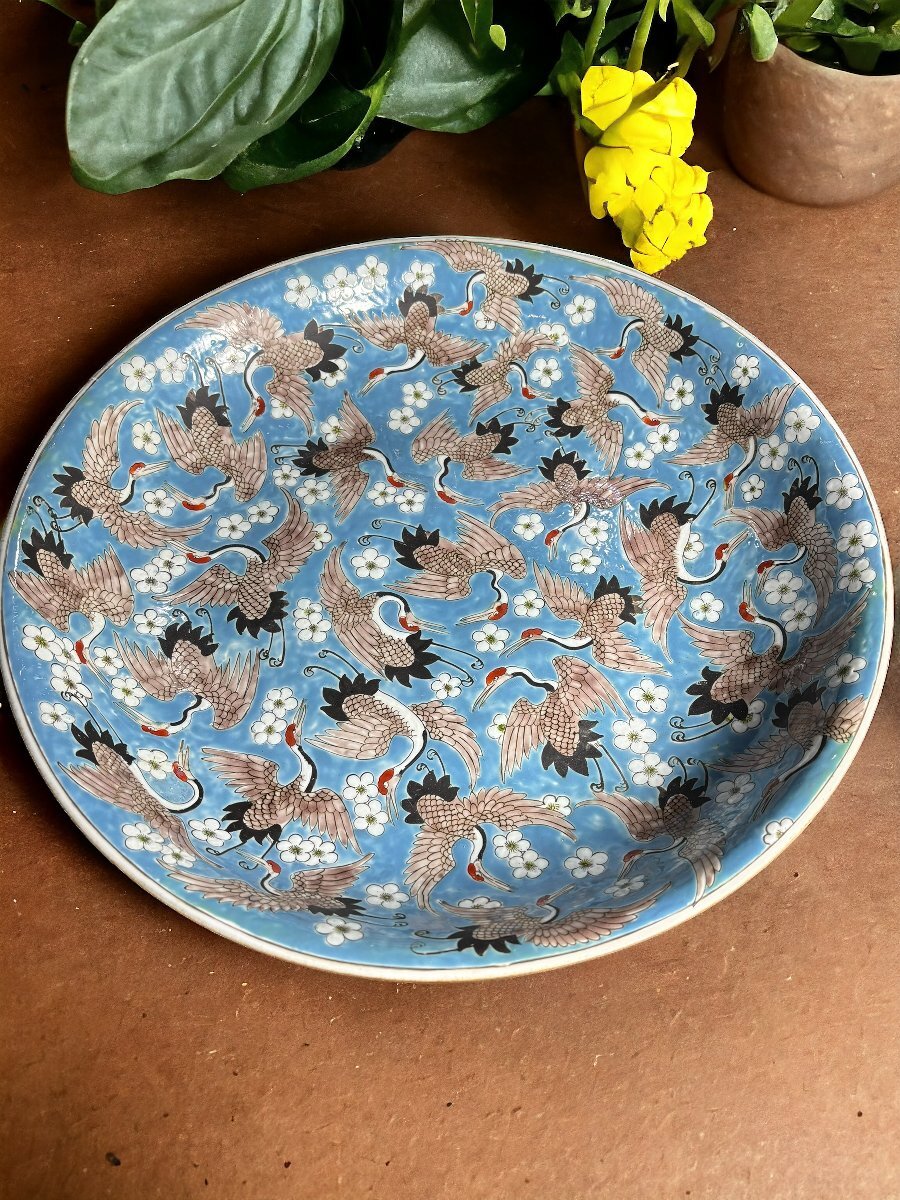 (FU10) 中国美術 中国買付 大清康煕年製 千羽鶴 鶴 大皿 飾り皿 オブジェ 盛り皿 花鳥　_画像1