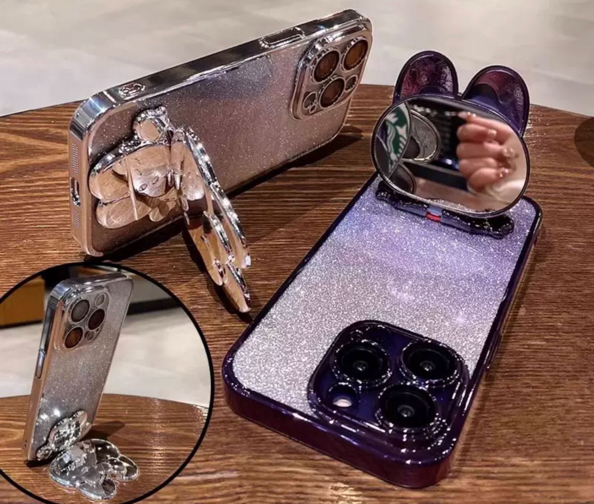 スマホケース　iPhone15ケース　　かわいいうさぎの透明メイクアップミラー　　スタンド鏡付き　シルバー