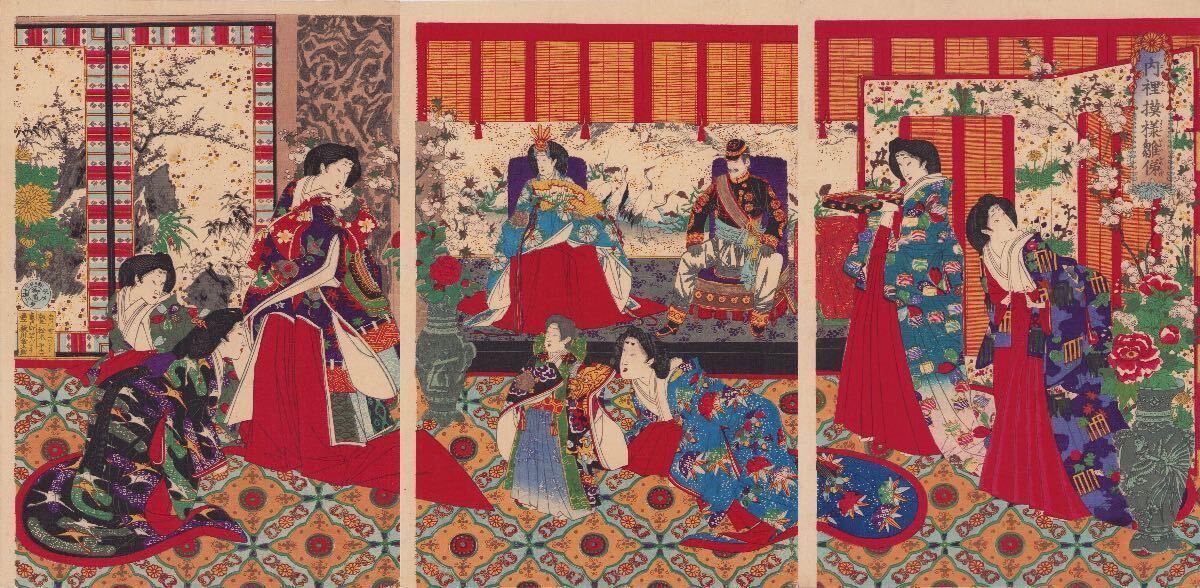 hana_desu15 подлинный произведение ..[ внутри . узор .. три листов .] Meiji 10 год (1877) подлинный товар картина в жанре укиё гравюра на дереве большой размер ..triptych toyonobu ukiyoe