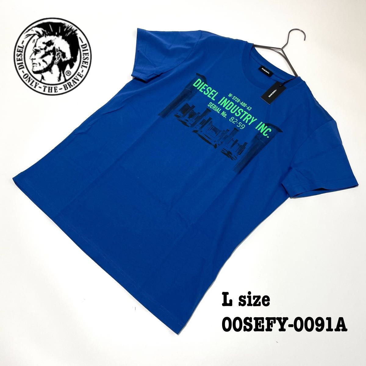 新品未使用 Lサイズ ディーゼル DIESEL Tシャツ 半袖 ロゴ プリント Uネック メンズ 青 ブルー 
