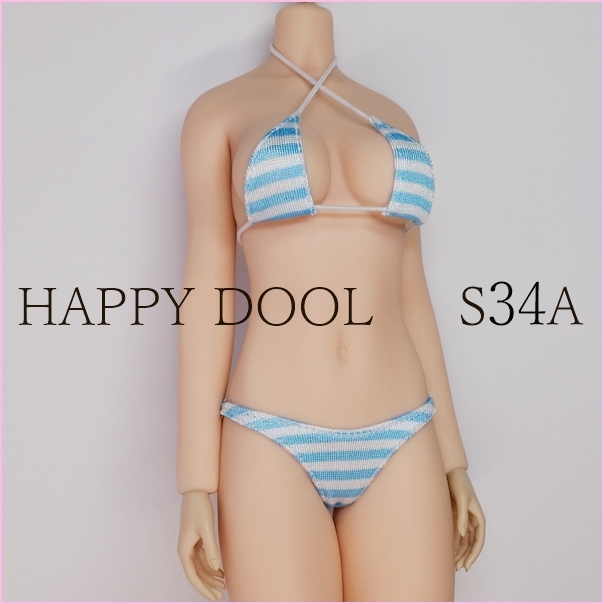 TBLeague 【Happy Doll】S34A 水色 しま柄 クロスビキニ セット しまぱん 1/6 Phicen ファイセンの画像1