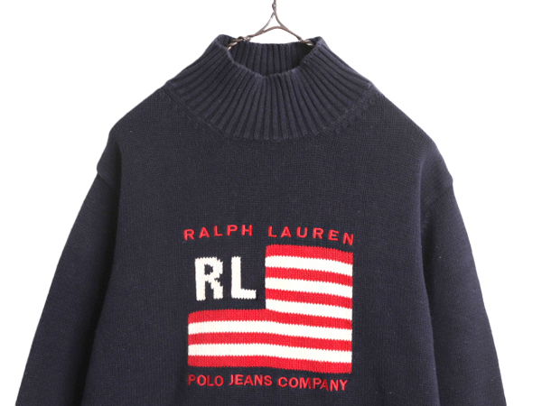 ラルフローレン 星条旗 コットン ニット セーター レディース XL / 古着 POLO JEANS Co ハイネック ポロ 大きいサイズ 長袖ニット ネイビー_画像2