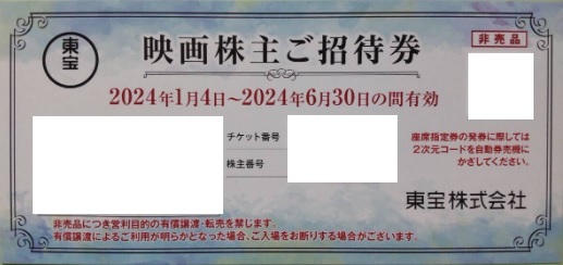 即決★送料63円～★複数ok 東宝 株主優待券 映画株主ご招待券  （有効期限2024年6月30日 TOHOシネマズの画像1