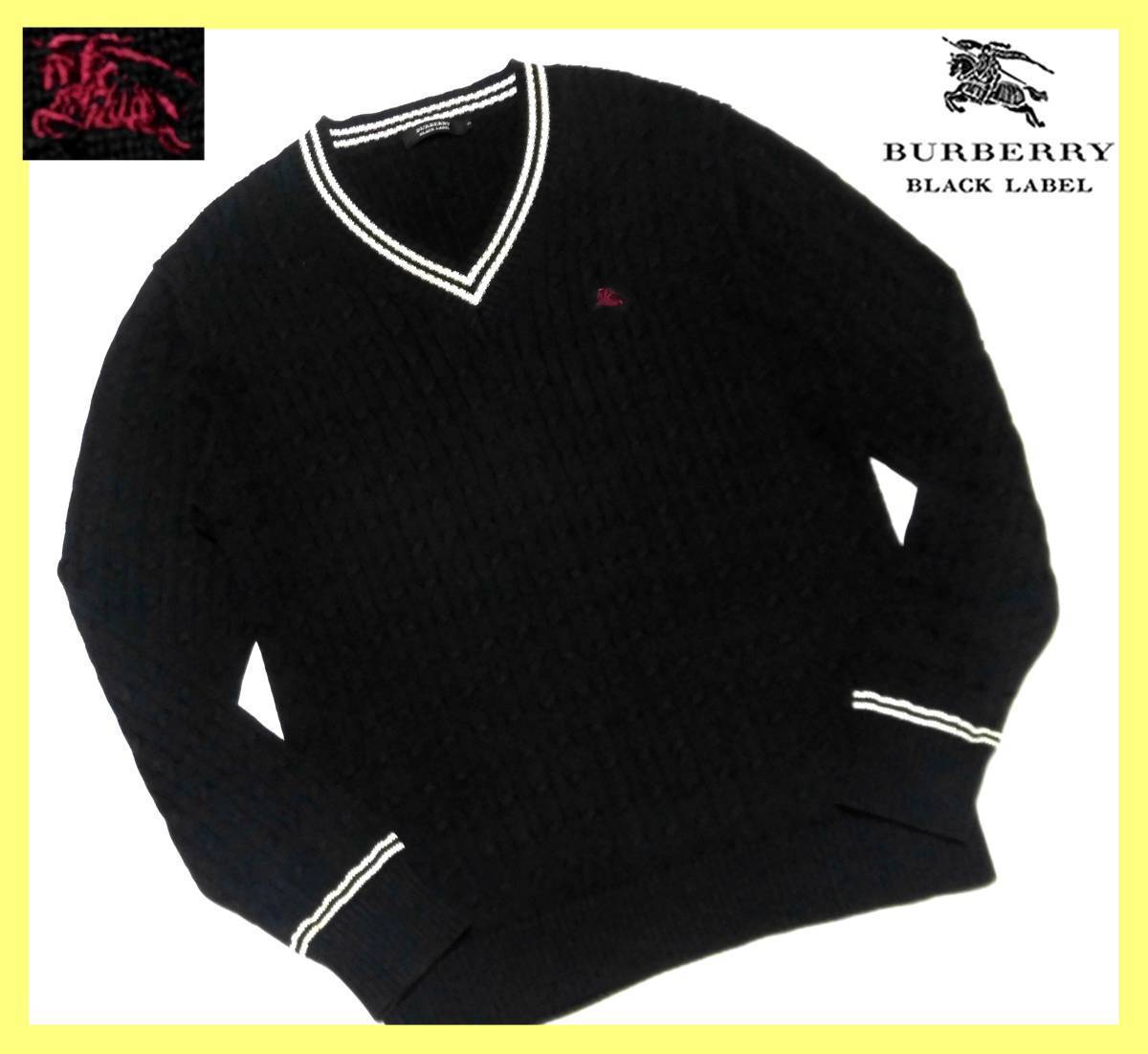 大人気サイズ L(3) バーバリーブラックレーベル エンジホース刺繍 ケーブル編み Vネック ニットセーター