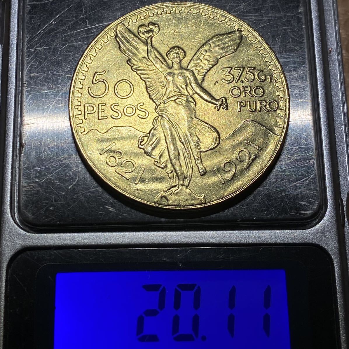 メキシコ古銭 50ペソ金貨 約20.11g大型 独立100周年 女神立像 1921年銘 古銭硬貨貨幣 レア記念 メダル コイン の画像8