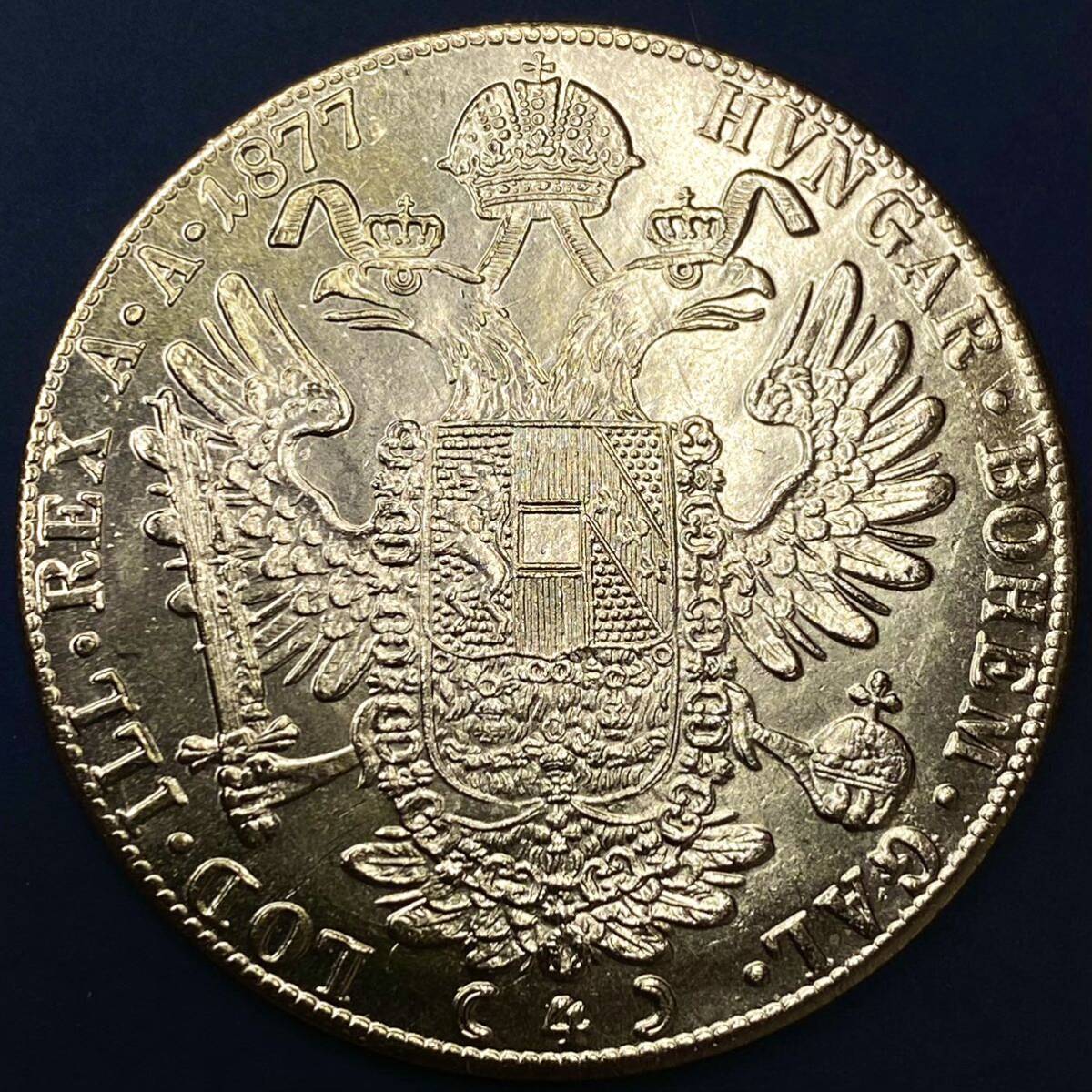金貨 オーストリア帝国 硬貨 古銭 約15.15g フランツ・ヨーゼフ 1 世 1877年 クラウン 国章 紋章 双頭の鷲 4ダカット コイン 海外硬貨 の画像2