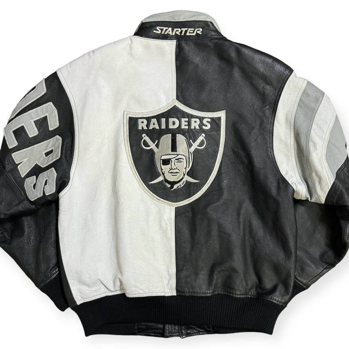 STARTER NFL 90s RAIDERS 刺繍ワッペン レザージャケット キルティングライナー 袖ロゴ 表記M着用感L オーバーサイズ 肩パッドありの画像1