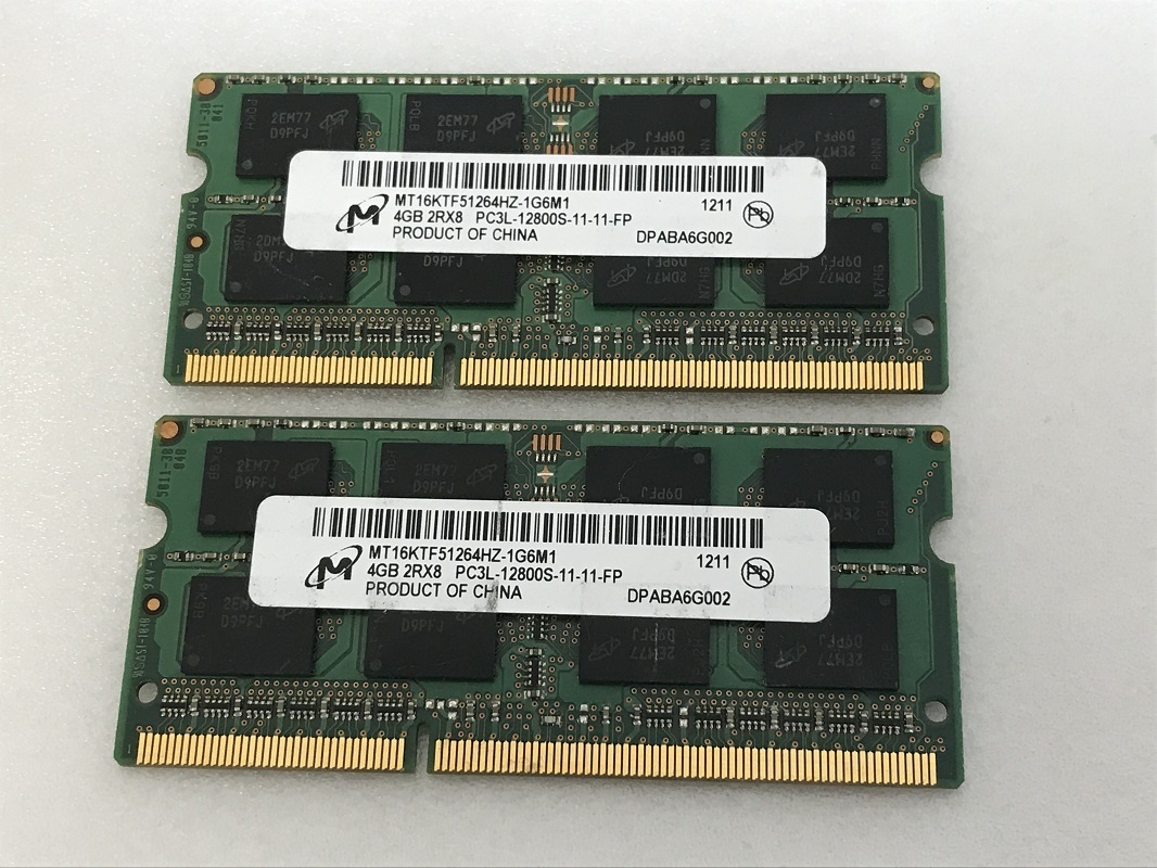 MICRON 2Rx8 PC3L-12800S 4GB 2枚 8GB DDR3L ノートPC用 メモリ 204ピン DDR3L-1600 4GB 2枚 DDR3L LAPTOP RAM 中古動作確認済みの画像1