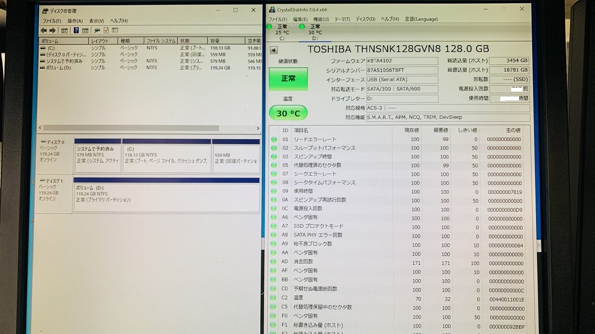 M.2 SSD128GB TOSHIBA THNSNK128GVN8 M.2 SATA SSD128GB MGF 2280 中古 動作確認済みの画像3