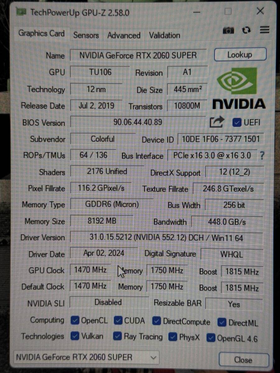 Colorful iGame GeForce RTX 2060 SUPER Ultra-V 動作美品の画像9