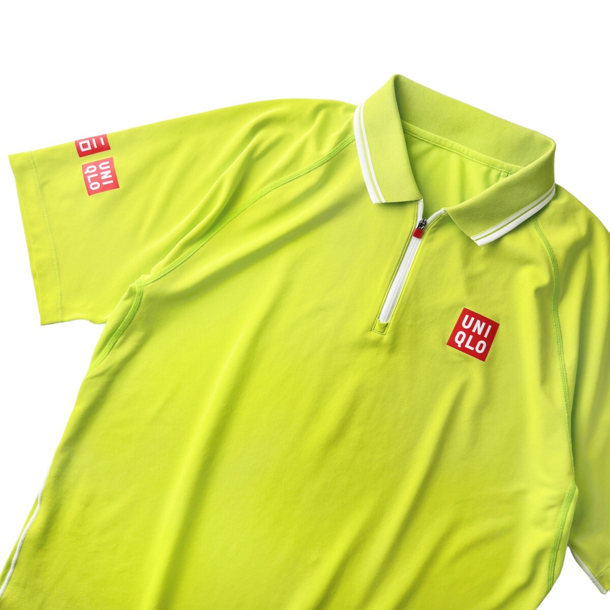 希少 錦織圭 UNIQLO ユニクロ / ドライEX ハーフジップ 半袖 ポロシャツ シャツ / メンズ L サイズ ライムイエロー テニスウェア 吸汗速乾の画像1