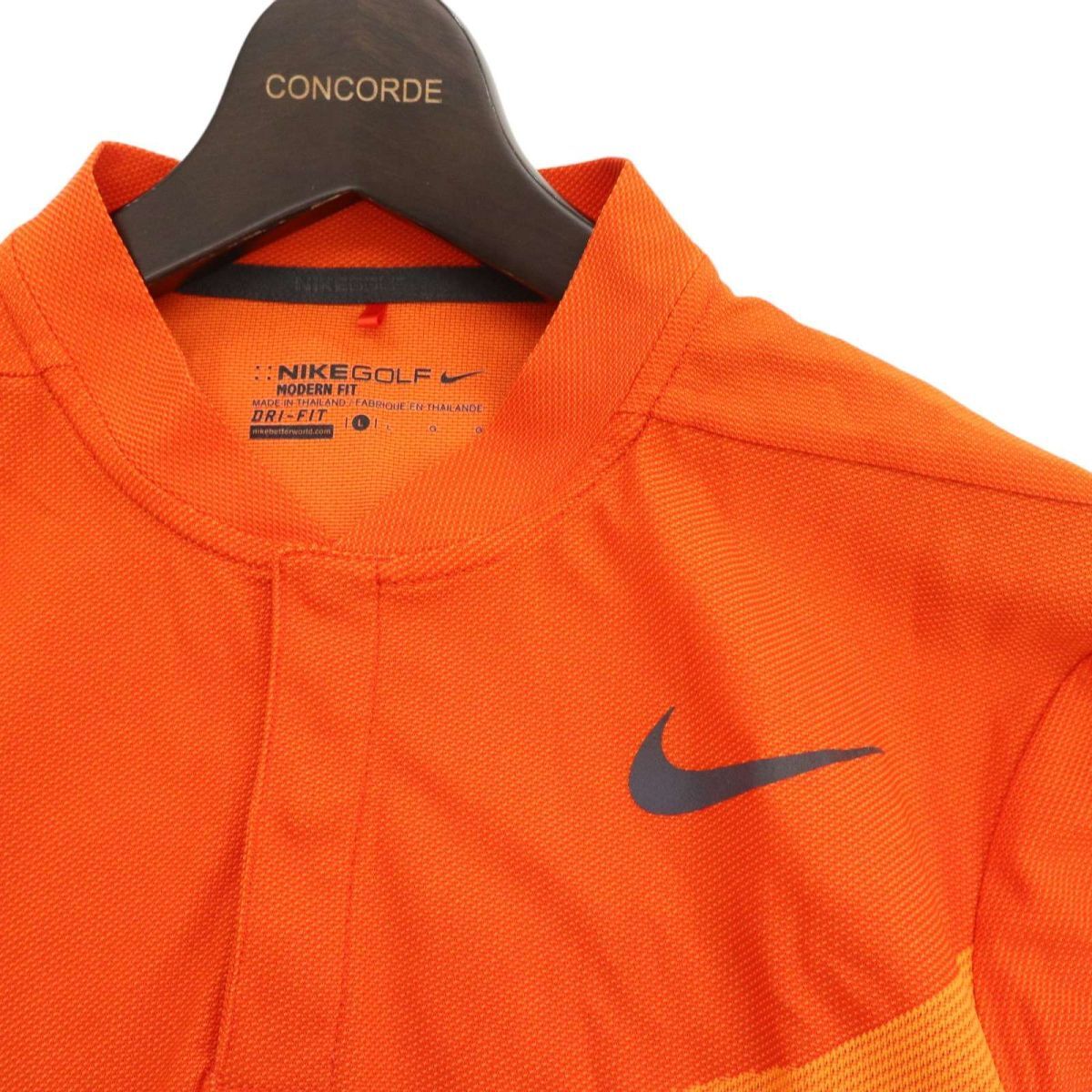 NIKE GOLF ナイキ ゴルフ 春夏 半袖 DRI-FIT ロゴプリント ストレッチ★ バンドカラー ポロシャツ Sz.L　メンズ オレンジ　C4T02974_4#A_画像2