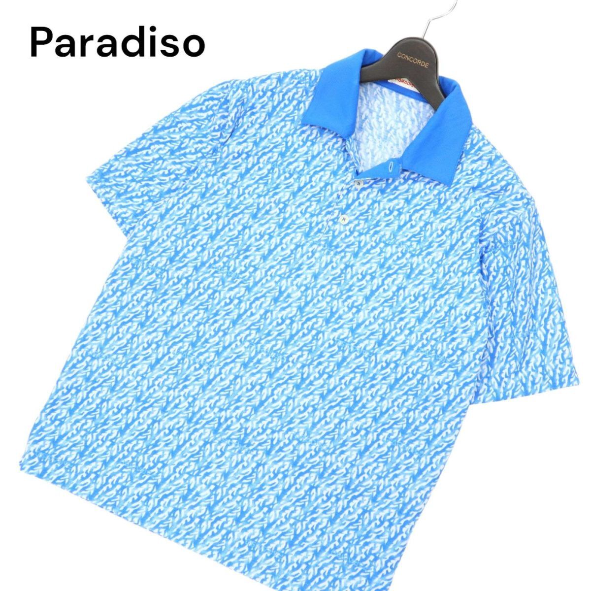 Paradiso パラディーゾ 春夏 半袖 総柄★ ストレッチ ポロシャツ Sz.L　メンズ 青 ゴルフ　C4T03057_4#D_画像1