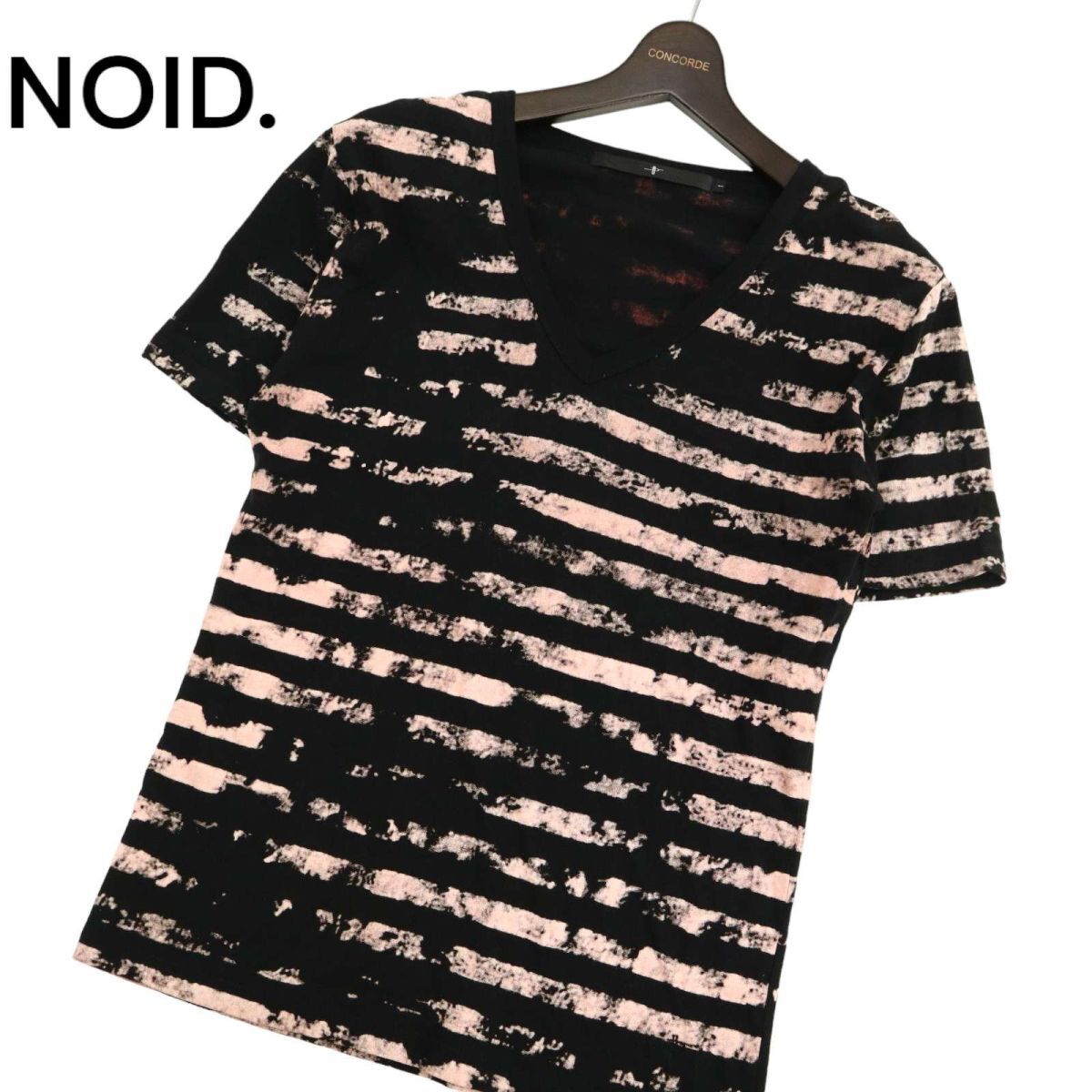 NOID. ノーアイディー 春夏 半袖 Vネック ストレッチ★ コットン天竺 クラックボーダー カットソー Tシャツ Sz.1　メンズ 黒　C4T03261_4#D_画像1