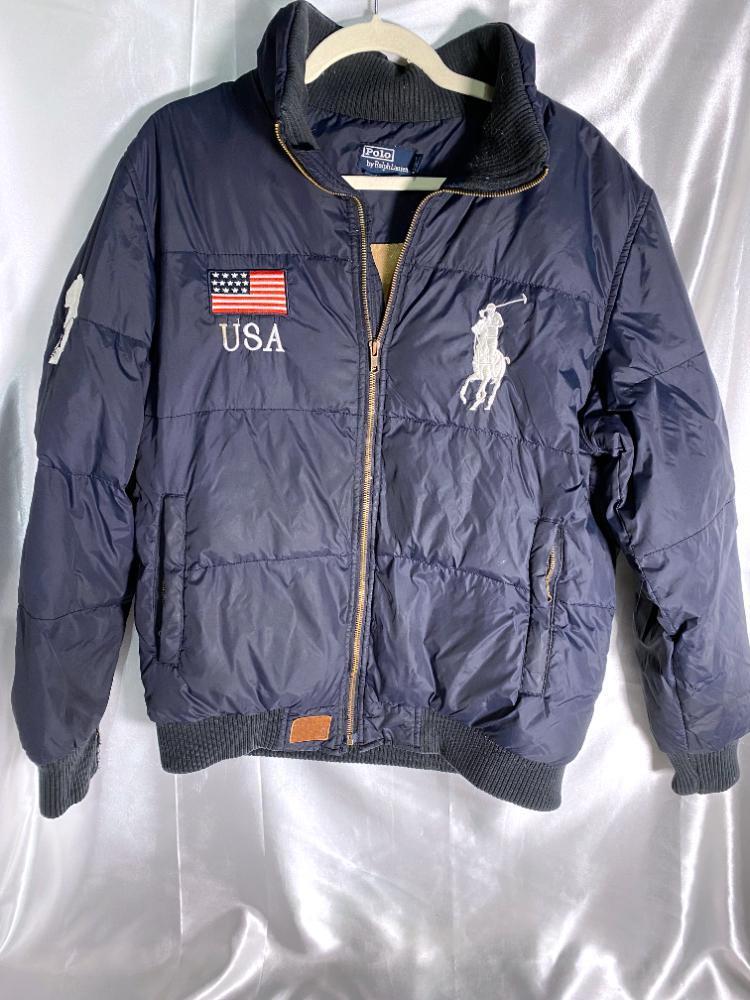 ◎★ 中古★POLO RALPH LAUREN ポロラルフローレン ダウンジャケット Lサイズ メンズ ビッグポニー 国旗 USA【ダウンジャケット】D7T7_画像1