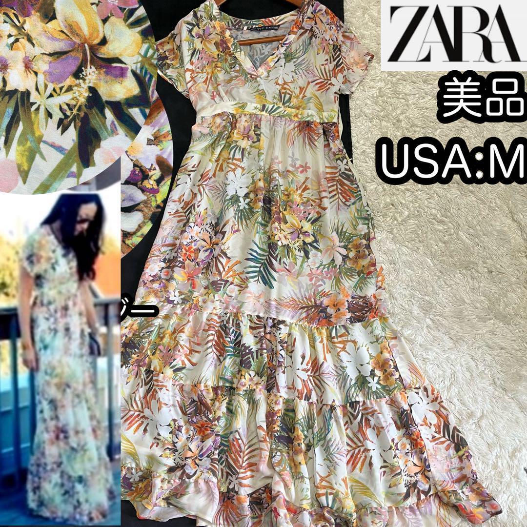 美品【ZARA】南国プリントマキシワンピース USA:Ｍ ヤシの葉っぱ k■ レディース ザラカラフル ロングワンピース 派手 個性的 リゾート_画像1