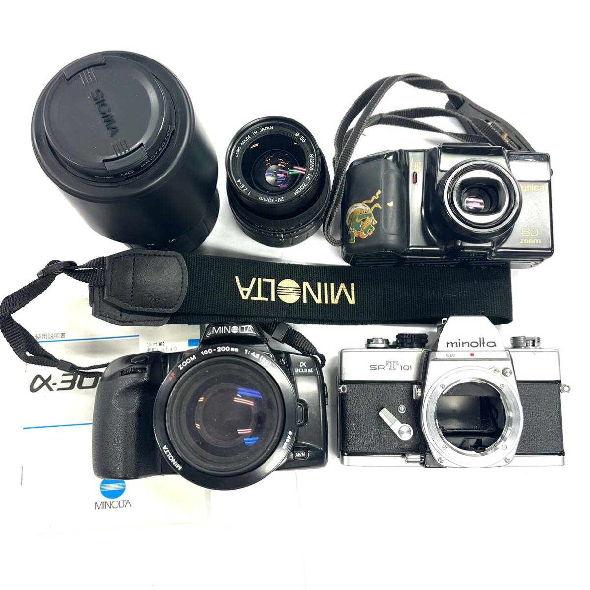 N390 フィルムカメラ レンズ まとめ MINOLTA a303si ミノルタ SRT101 Konica コニカ SIGMA シグマ ジャンク品 中古 訳ありの画像1