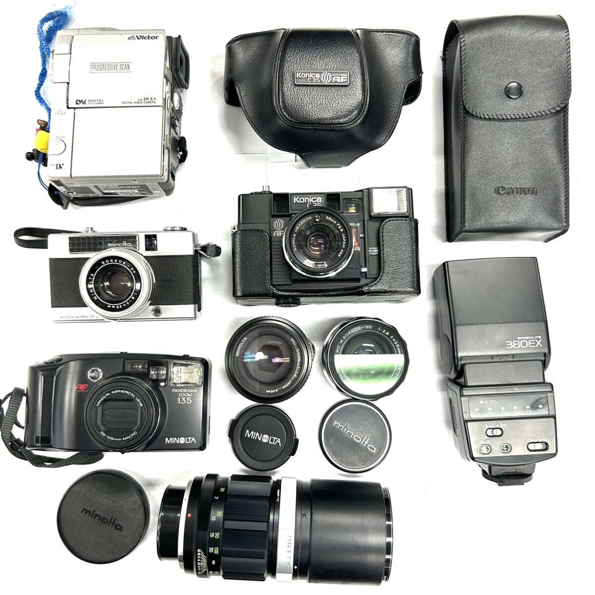 Y537 カメラ レンズ スピードライト ビデオカメラ まとめ コニカ Canon キャノン MINOLTA ミノルタ ビクター ジャンク品 中古 訳ありの画像1